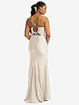 Rear View Thumbnail - Oat Cowl-Neck Open Tie-Back Stretch Satin Mermaid Dress with Slight Train