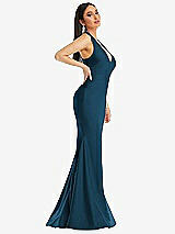 Side View Thumbnail - Atlantic Blue Plunge Neckline Cutout Low Back Stretch Satin Mermaid Dress