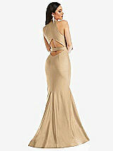 Rear View Thumbnail - Soft Gold Plunge Neckline Cutout Low Back Stretch Satin Mermaid Dress