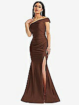 Alt View 1 Thumbnail - Cognac One-Shoulder Bias-Cuff Stretch Satin Mermaid Dress with Slight Train