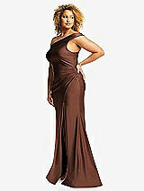 Side View Thumbnail - Cognac One-Shoulder Bias-Cuff Stretch Satin Mermaid Dress with Slight Train