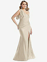 Alt View 1 Thumbnail - Champagne Cascading Bow One-Shoulder Stretch Satin Mermaid Dress with Slight Train