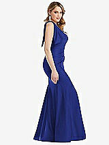 Side View Thumbnail - Cobalt Blue Cascading Bow One-Shoulder Stretch Satin Mermaid Dress with Slight Train