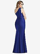 Rear View Thumbnail - Cobalt Blue Cascading Bow One-Shoulder Stretch Satin Mermaid Dress with Slight Train
