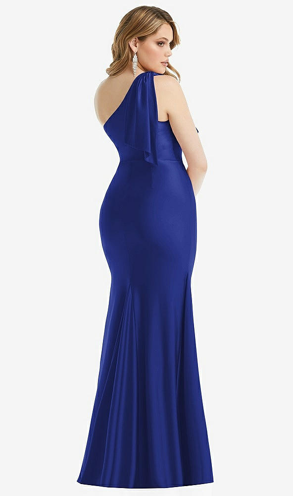 Back View - Cobalt Blue Cascading Bow One-Shoulder Stretch Satin Mermaid Dress with Slight Train