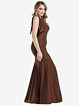 Side View Thumbnail - Cognac Cascading Bow One-Shoulder Stretch Satin Mermaid Dress with Slight Train