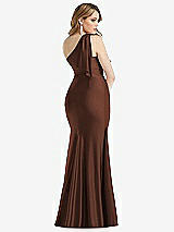 Rear View Thumbnail - Cognac Cascading Bow One-Shoulder Stretch Satin Mermaid Dress with Slight Train