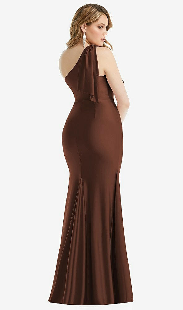 Back View - Cognac Cascading Bow One-Shoulder Stretch Satin Mermaid Dress with Slight Train