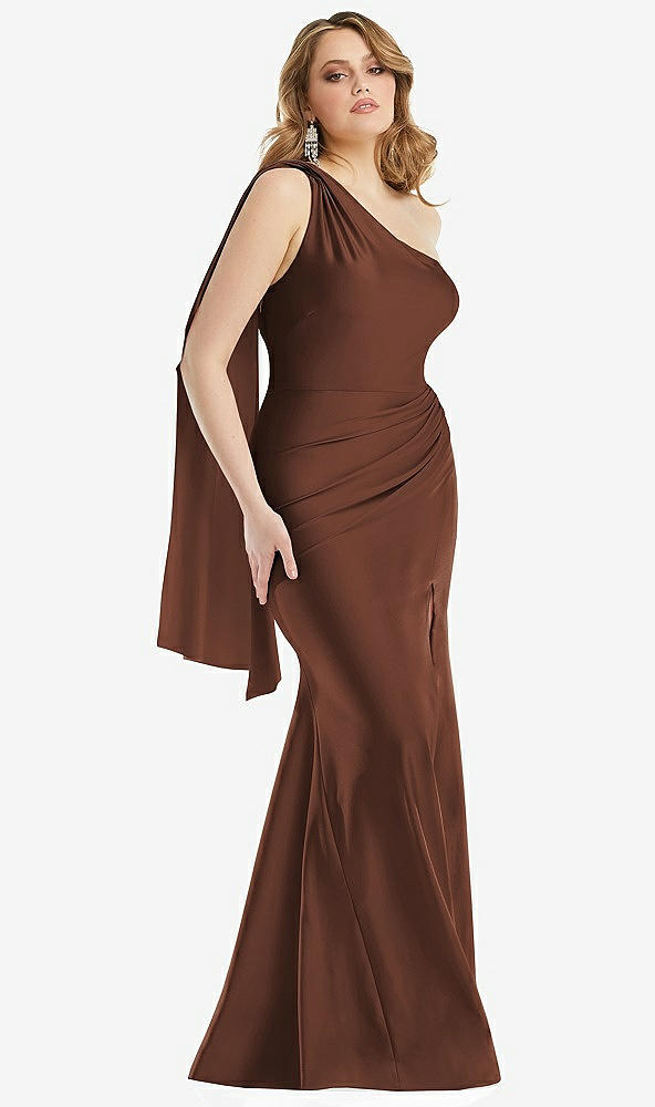 Front View - Cognac Scarf Neck One-Shoulder Stretch Satin Mermaid Dress with Slight Train