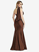 Rear View Thumbnail - Cognac Scarf Neck One-Shoulder Stretch Satin Mermaid Dress with Slight Train