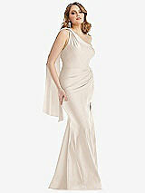 Front View Thumbnail - Oat Scarf Neck One-Shoulder Stretch Satin Mermaid Dress with Slight Train