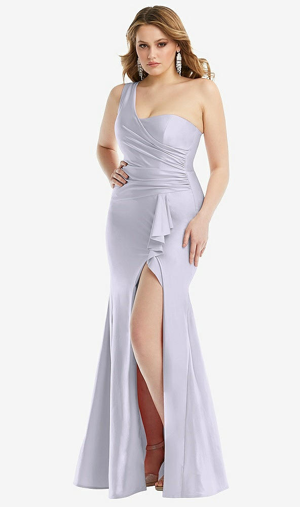 Front View - Silver Dove One-Shoulder Bustier Stretch Satin Mermaid Dress with Cascade Ruffle