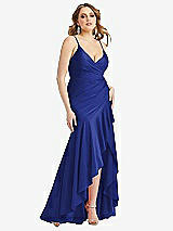 Front View Thumbnail - Cobalt Blue Pleated Wrap Ruffled High Low Stretch Satin Gown with Slight Train