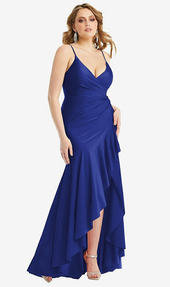 Front View - Cobalt Blue Pleated Wrap Ruffled High Low Stretch Satin Gown with Slight Train