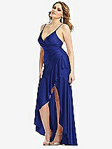 Side View Thumbnail - Cobalt Blue Pleated Wrap Ruffled High Low Stretch Satin Gown with Slight Train