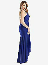 Rear View Thumbnail - Cobalt Blue Pleated Wrap Ruffled High Low Stretch Satin Gown with Slight Train