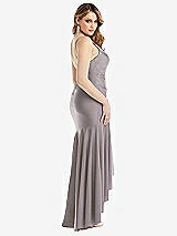 Rear View Thumbnail - Cashmere Gray Pleated Wrap Ruffled High Low Stretch Satin Gown with Slight Train