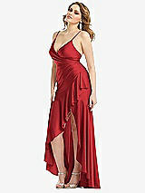 Side View Thumbnail - Poppy Red Pleated Wrap Ruffled High Low Stretch Satin Gown with Slight Train
