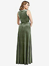 Rear View Thumbnail - Sage Deep V-Neck Sleeveless Velvet Maxi Dress with Pockets