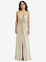 Front View Thumbnail - Champagne Skinny Strap Plunge Neckline Maxi Dress with Bow Detail