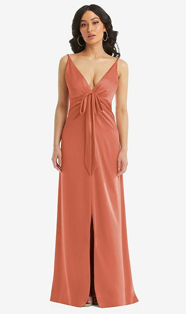 Front View - Terracotta Copper Skinny Strap Plunge Neckline Maxi Dress with Bow Detail