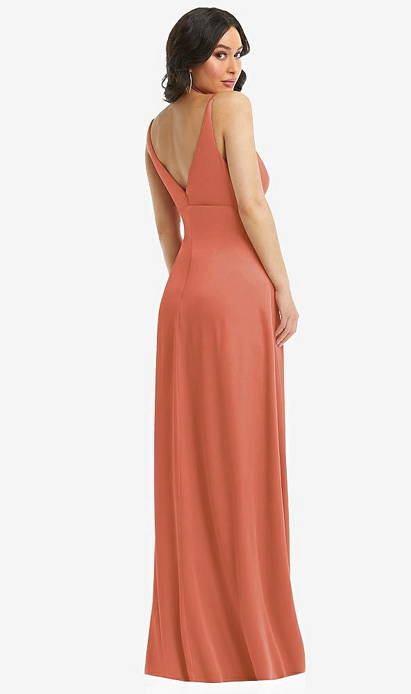 Back View - Terracotta Copper Skinny Strap Plunge Neckline Maxi Dress with Bow Detail