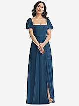 Front View Thumbnail - Dusk Blue Puff Sleeve Chiffon Maxi Dress with Front Slit