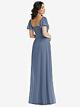 Rear View Thumbnail - Larkspur Blue Puff Sleeve Chiffon Maxi Dress with Front Slit