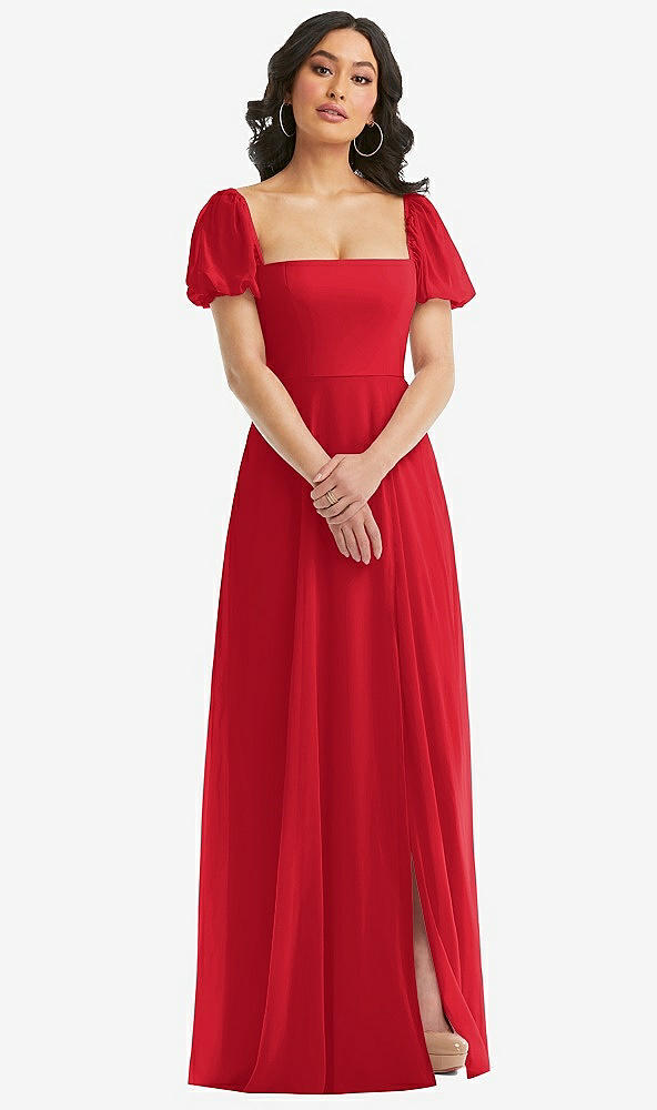 Front View - Parisian Red Puff Sleeve Chiffon Maxi Dress with Front Slit