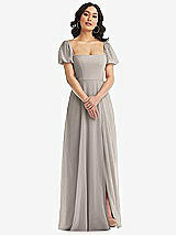 Front View Thumbnail - Taupe Puff Sleeve Chiffon Maxi Dress with Front Slit