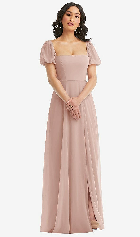 Front View - Toasted Sugar Puff Sleeve Chiffon Maxi Dress with Front Slit