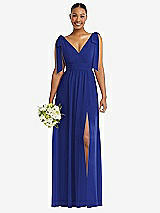 Alt View 1 Thumbnail - Cobalt Blue Plunge Neckline Bow Shoulder Empire Waist Chiffon Maxi Dress