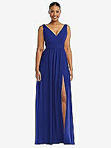 Alt View 2 Thumbnail - Cobalt Blue Plunge Neckline Bow Shoulder Empire Waist Chiffon Maxi Dress