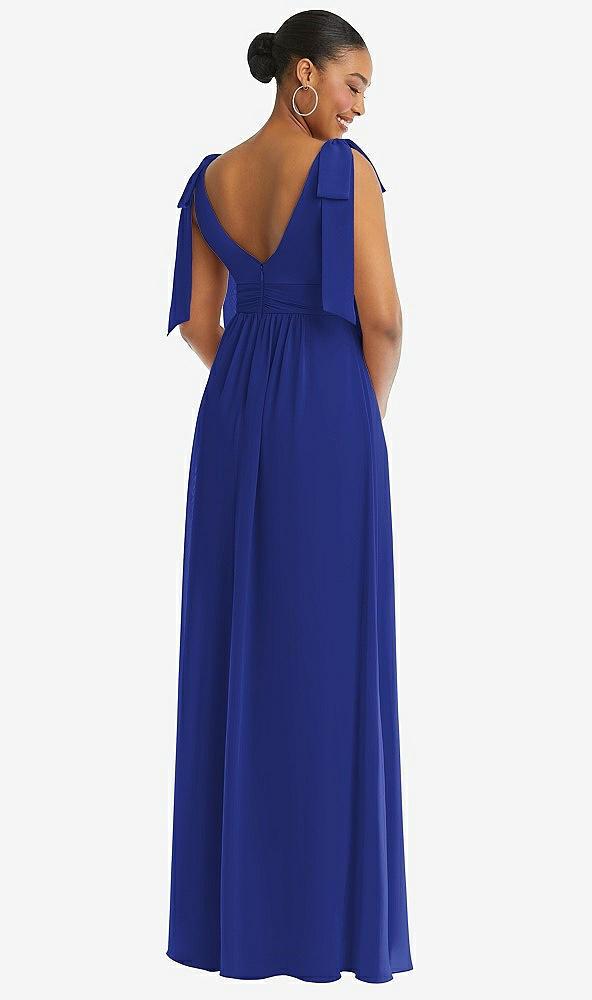 Back View - Cobalt Blue Plunge Neckline Bow Shoulder Empire Waist Chiffon Maxi Dress