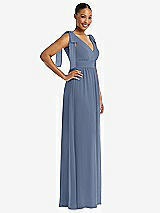 Side View Thumbnail - Larkspur Blue Plunge Neckline Bow Shoulder Empire Waist Chiffon Maxi Dress