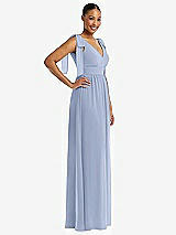 Side View Thumbnail - Sky Blue Plunge Neckline Bow Shoulder Empire Waist Chiffon Maxi Dress