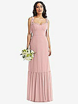 Front View Thumbnail - Rose - PANTONE Rose Quartz Tie-Shoulder Bustier Bodice Ruffle-Hem Maxi Dress