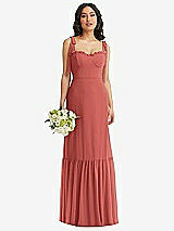 Front View Thumbnail - Coral Pink Tie-Shoulder Bustier Bodice Ruffle-Hem Maxi Dress