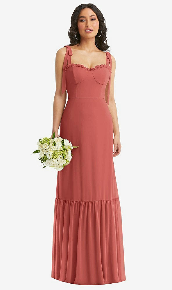 Front View - Coral Pink Tie-Shoulder Bustier Bodice Ruffle-Hem Maxi Dress