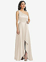 Front View Thumbnail - Oat One-Shoulder High Low Maxi Dress with Pockets