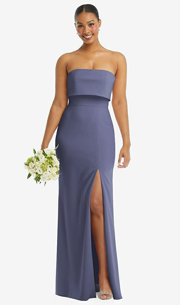 Front View - French Blue Strapless Overlay Bodice Crepe Maxi Dress with Front Slit