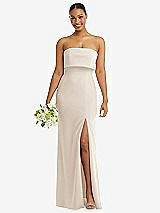 Front View Thumbnail - Oat Strapless Overlay Bodice Crepe Maxi Dress with Front Slit