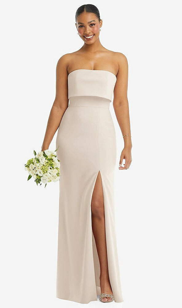 Front View - Oat Strapless Overlay Bodice Crepe Maxi Dress with Front Slit