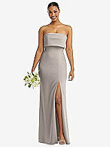 Front View Thumbnail - Taupe Strapless Overlay Bodice Crepe Maxi Dress with Front Slit