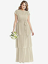 Front View Thumbnail - Champagne Flutter Sleeve Jewel Neck Chiffon Maxi Dress with Tiered Ruffle Skirt