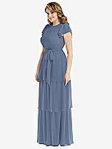 Side View Thumbnail - Larkspur Blue Flutter Sleeve Jewel Neck Chiffon Maxi Dress with Tiered Ruffle Skirt