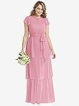 Front View Thumbnail - Peony Pink Flutter Sleeve Jewel Neck Chiffon Maxi Dress with Tiered Ruffle Skirt