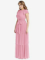 Side View Thumbnail - Peony Pink Flutter Sleeve Jewel Neck Chiffon Maxi Dress with Tiered Ruffle Skirt