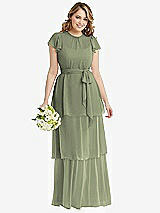 Front View Thumbnail - Sage Flutter Sleeve Jewel Neck Chiffon Maxi Dress with Tiered Ruffle Skirt