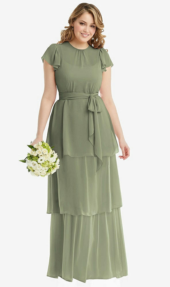 Front View - Sage Flutter Sleeve Jewel Neck Chiffon Maxi Dress with Tiered Ruffle Skirt